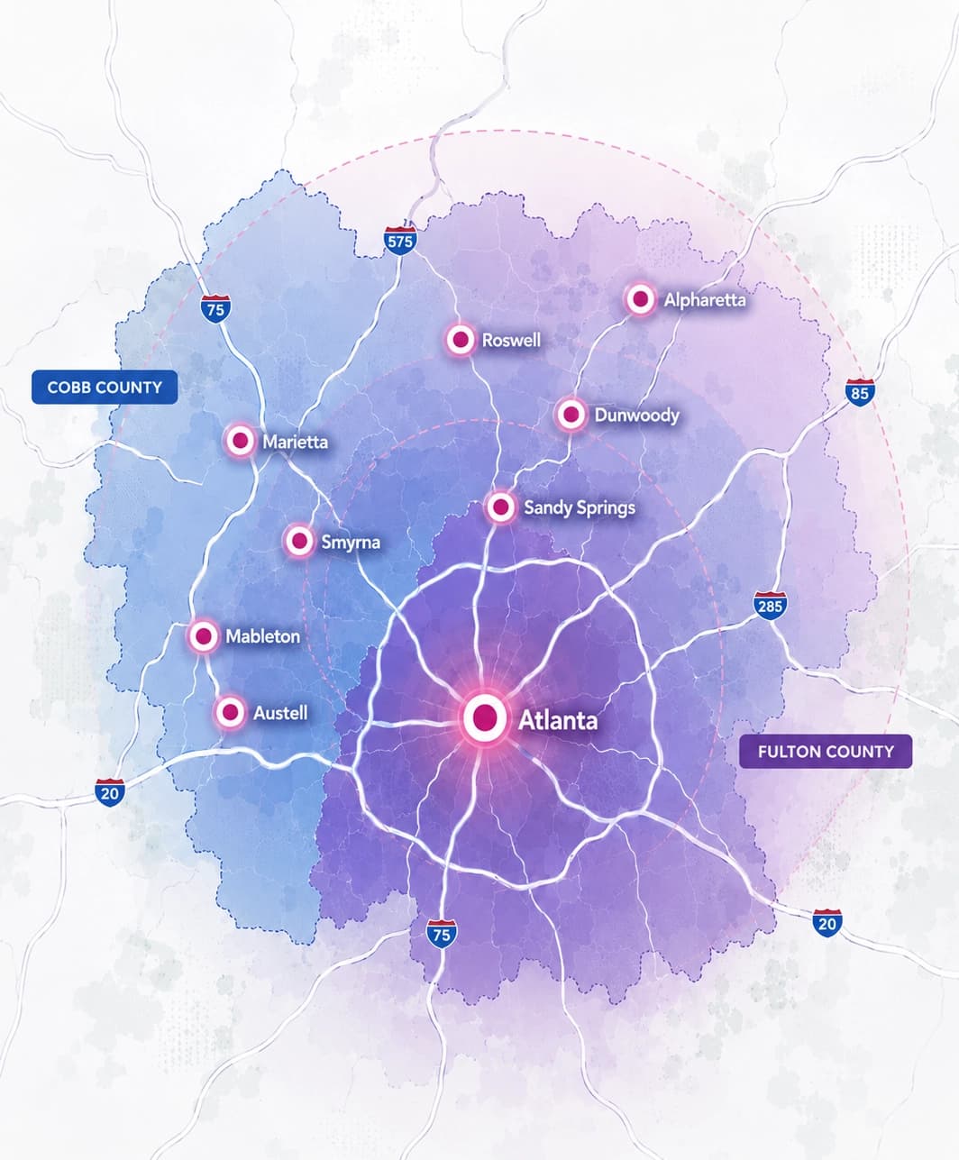 Metro Atlanta service area map showing Atlanta, Marietta, Smyrna, Sandy Springs, and Alpharetta