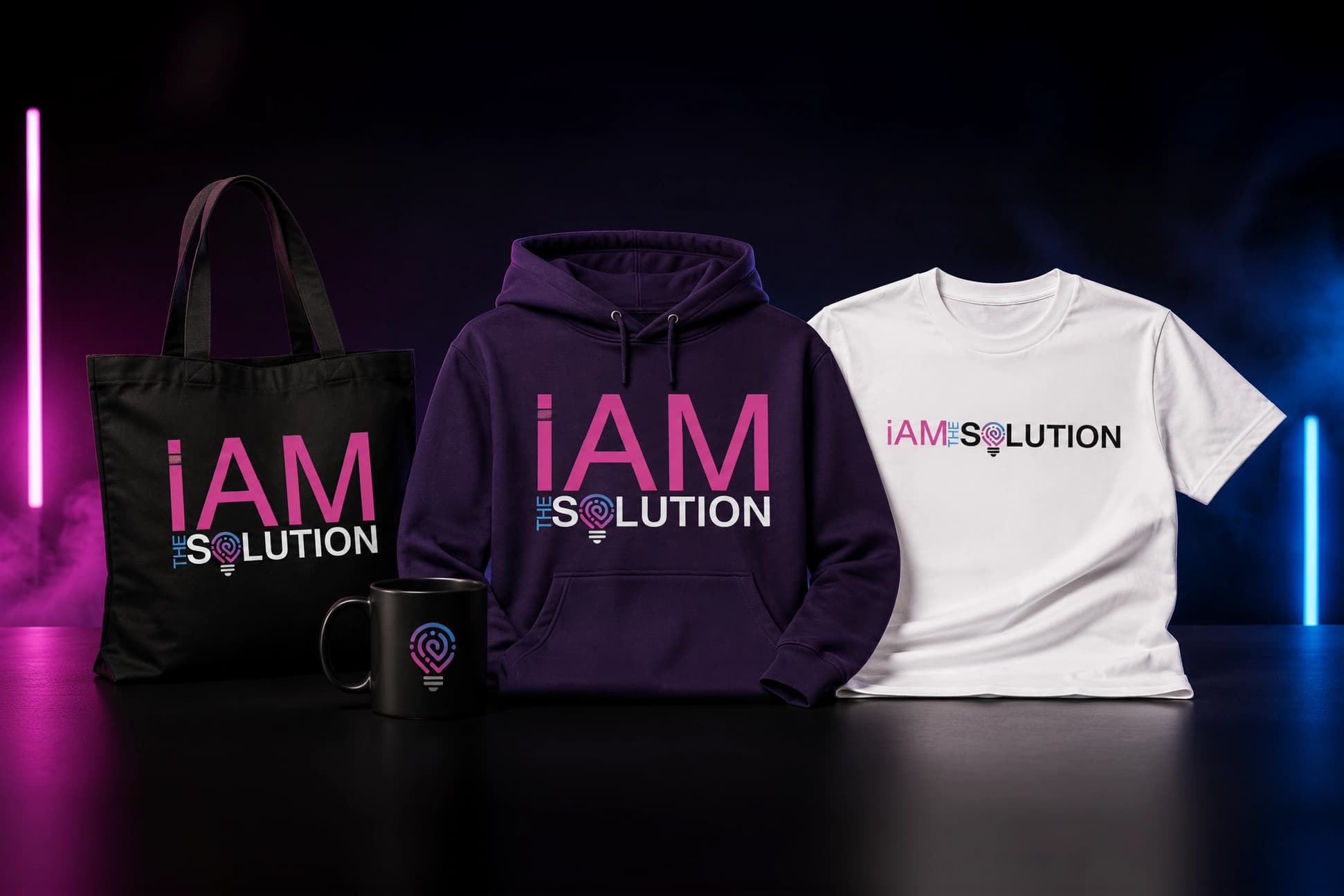 I AM the Solution merch including a tote bag, hoodie, mug, and t-shirt